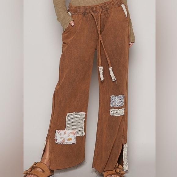 POL Brown Patchwork Boho Wide Leg Cotton Pants NEW - Picture 4 of 8